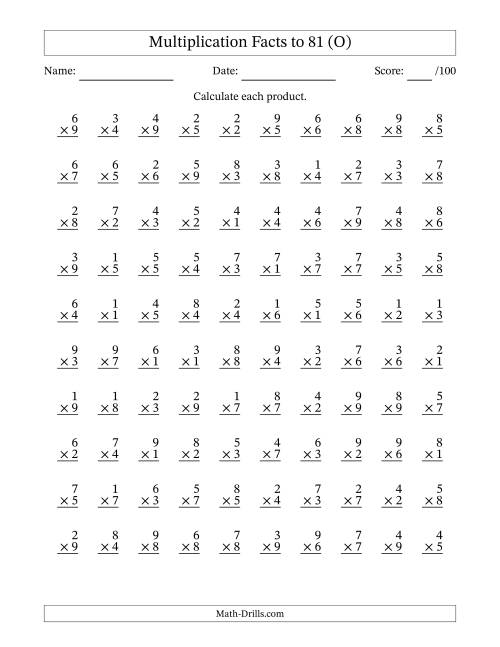 The Multiplication Facts to 81 (100 Questions) (No Zeros) (O) Math Worksheet