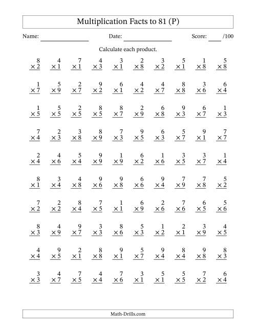 The Multiplication Facts to 81 (100 Questions) (No Zeros) (P) Math Worksheet