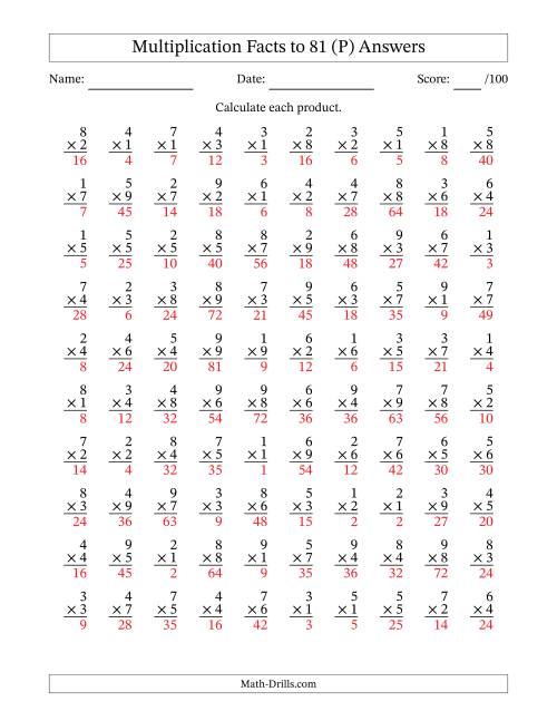 The Multiplication Facts to 81 (100 Questions) (No Zeros) (P) Math Worksheet Page 2