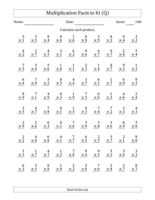 The Multiplication Facts to 81 (100 Questions) (No Zeros) (Q) Math Worksheet