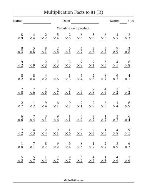 The Multiplication Facts to 81 (100 Questions) (No Zeros) (R) Math Worksheet
