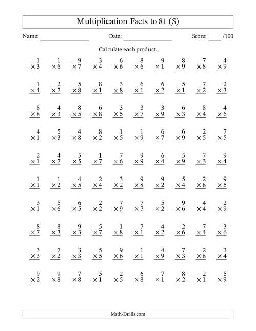 The Multiplication Facts to 81 (100 Questions) (No Zeros) (S) Math Worksheet
