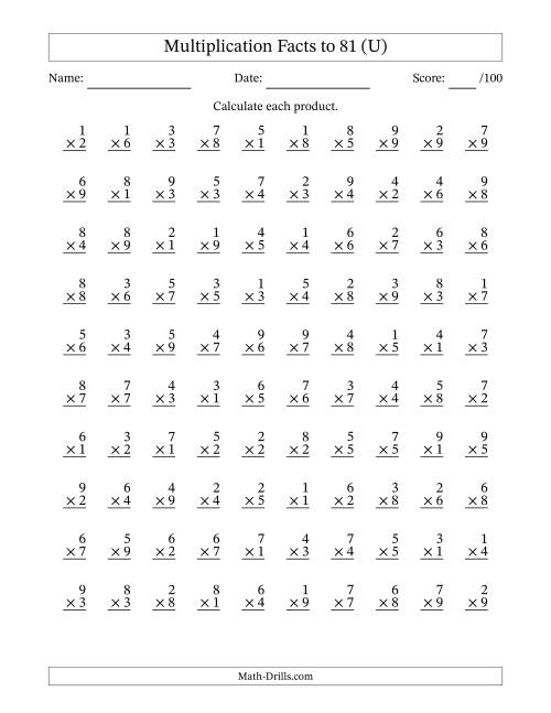 The Multiplication Facts to 81 (100 Questions) (No Zeros) (U) Math Worksheet