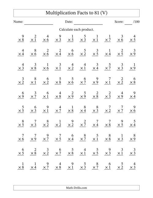 The Multiplication Facts to 81 (100 Questions) (No Zeros) (V) Math Worksheet