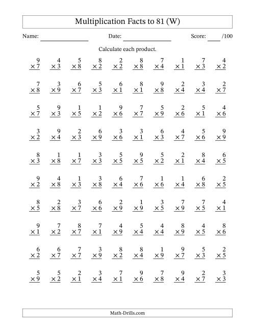 The Multiplication Facts to 81 (100 Questions) (No Zeros) (W) Math Worksheet