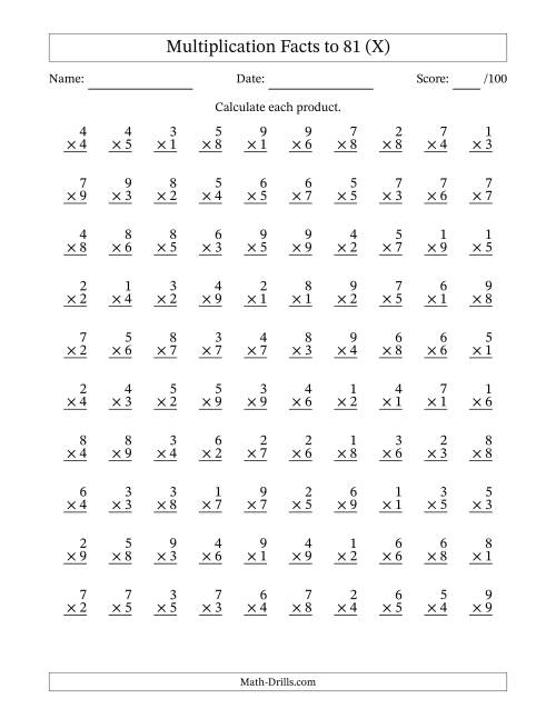 The Multiplication Facts to 81 (100 Questions) (No Zeros) (X) Math Worksheet