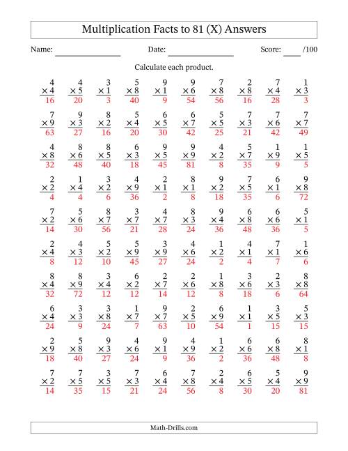 The Multiplication Facts to 81 (100 Questions) (No Zeros) (X) Math Worksheet Page 2
