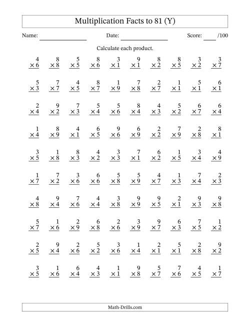 The Multiplication Facts to 81 (100 Questions) (No Zeros) (Y) Math Worksheet