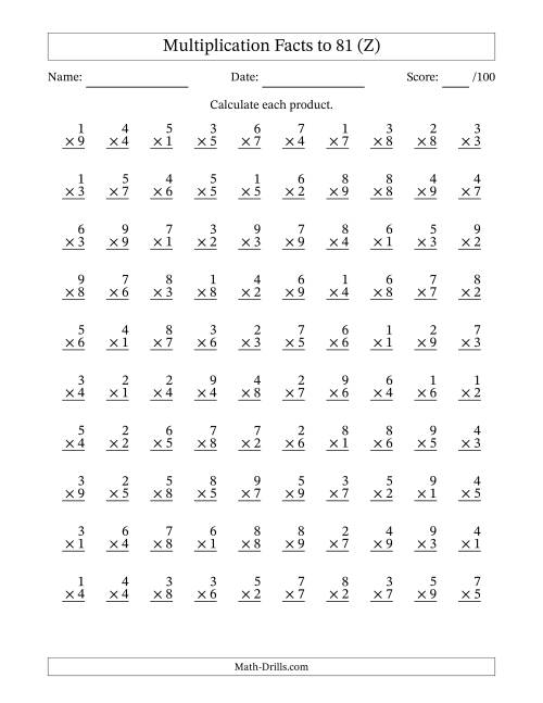 The Multiplication Facts to 81 (100 Questions) (No Zeros) (Z) Math Worksheet