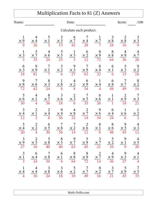 The Multiplication Facts to 81 (100 Questions) (No Zeros) (Z) Math Worksheet Page 2