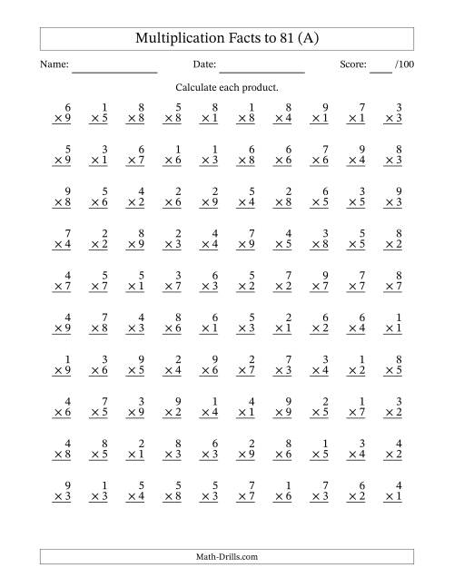 The Multiplication Facts to 81 (100 Questions) (No Zeros) (All) Math Worksheet