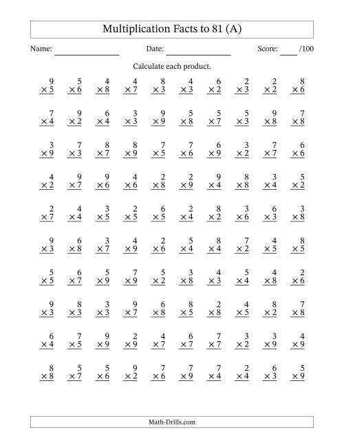The Multiplication Facts to 81 (100 Questions) (No Zeros or Ones) (A) Math Worksheet
