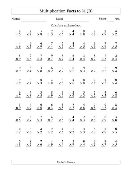 The Multiplication Facts to 81 (100 Questions) (No Zeros or Ones) (B) Math Worksheet