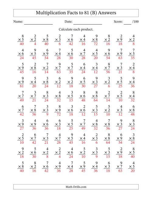 The Multiplication Facts to 81 (100 Questions) (No Zeros or Ones) (B) Math Worksheet Page 2