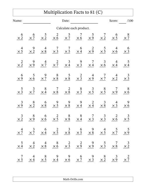 The Multiplication Facts to 81 (100 Questions) (No Zeros or Ones) (C) Math Worksheet