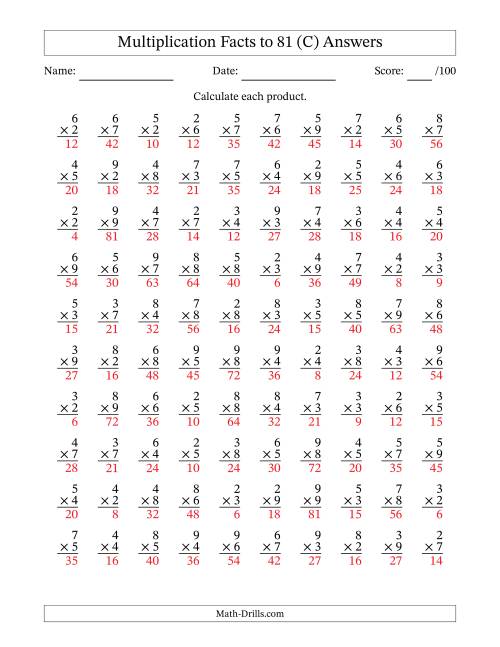 The Multiplication Facts to 81 (100 Questions) (No Zeros or Ones) (C) Math Worksheet Page 2
