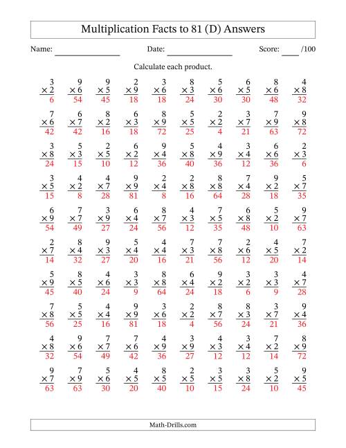 The Multiplication Facts to 81 (100 Questions) (No Zeros or Ones) (D) Math Worksheet Page 2