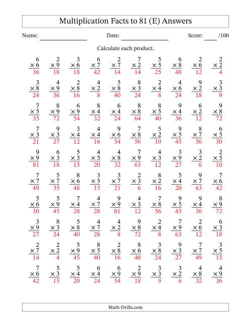 The Multiplication Facts to 81 (100 Questions) (No Zeros or Ones) (E) Math Worksheet Page 2
