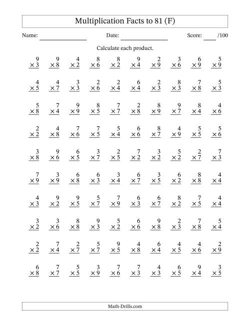 The Multiplication Facts to 81 (100 Questions) (No Zeros or Ones) (F) Math Worksheet
