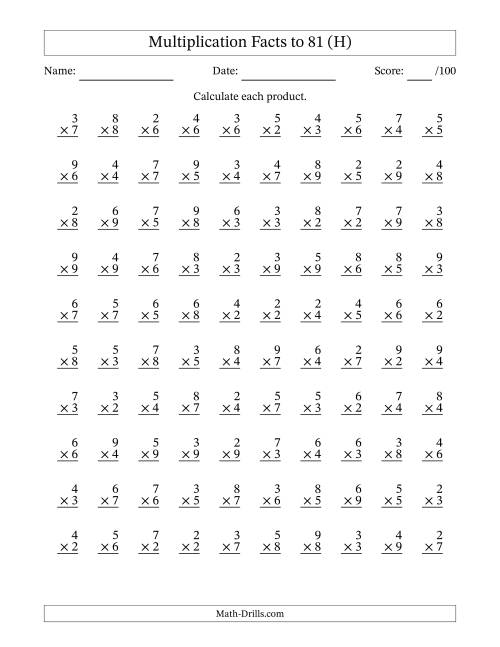 The Multiplication Facts to 81 (100 Questions) (No Zeros or Ones) (H) Math Worksheet
