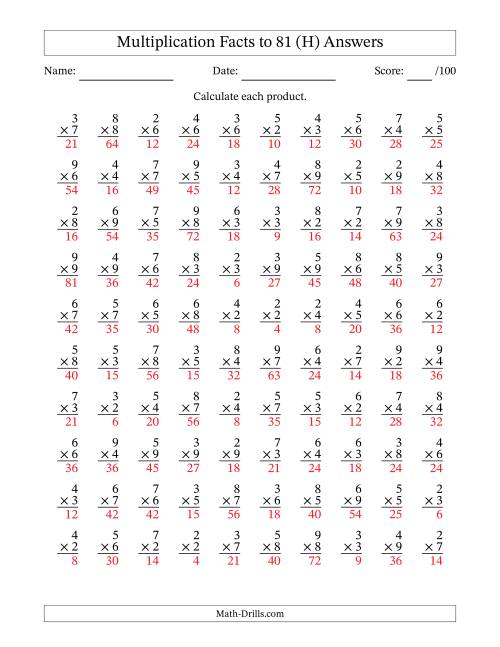 The Multiplication Facts to 81 (100 Questions) (No Zeros or Ones) (H) Math Worksheet Page 2