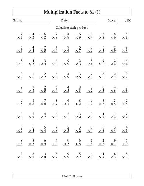 The Multiplication Facts to 81 (100 Questions) (No Zeros or Ones) (I) Math Worksheet