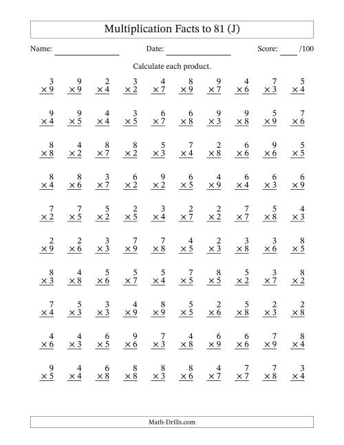 The Multiplication Facts to 81 (100 Questions) (No Zeros or Ones) (J) Math Worksheet