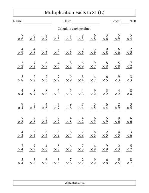 The Multiplication Facts to 81 (100 Questions) (No Zeros or Ones) (L) Math Worksheet