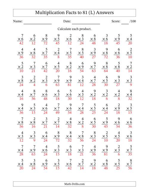 The Multiplication Facts to 81 (100 Questions) (No Zeros or Ones) (L) Math Worksheet Page 2