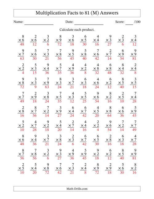 The Multiplication Facts to 81 (100 Questions) (No Zeros or Ones) (M) Math Worksheet Page 2