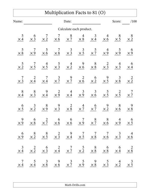 The Multiplication Facts to 81 (100 Questions) (No Zeros or Ones) (O) Math Worksheet