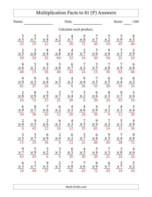 The Multiplication Facts to 81 (100 Questions) (No Zeros or Ones) (P) Math Worksheet Page 2