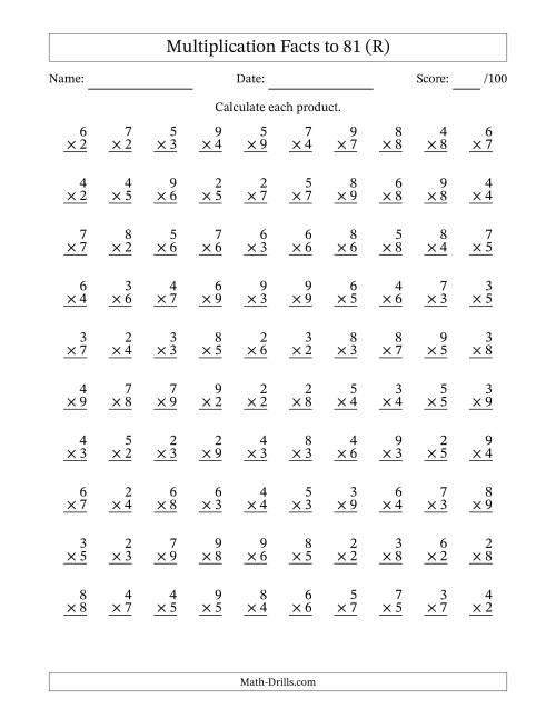 The Multiplication Facts to 81 (100 Questions) (No Zeros or Ones) (R) Math Worksheet