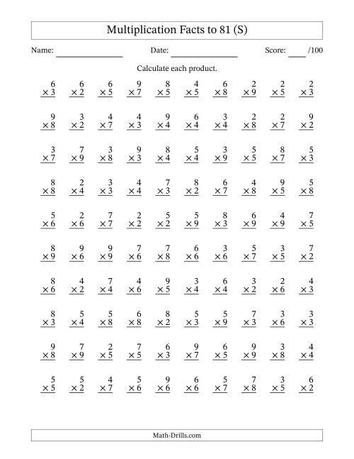 The Multiplication Facts to 81 (100 Questions) (No Zeros or Ones) (S) Math Worksheet