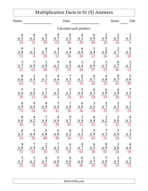 The Multiplication Facts to 81 (100 Questions) (No Zeros or Ones) (S) Math Worksheet Page 2