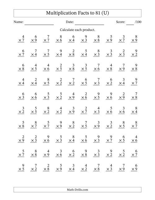 The Multiplication Facts to 81 (100 Questions) (No Zeros or Ones) (U) Math Worksheet