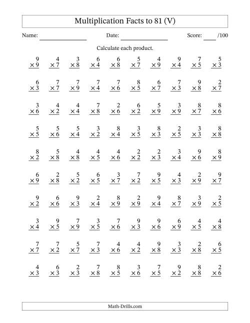 The Multiplication Facts to 81 (100 Questions) (No Zeros or Ones) (V) Math Worksheet
