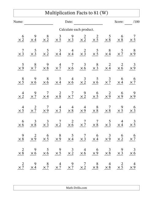 The Multiplication Facts to 81 (100 Questions) (No Zeros or Ones) (W) Math Worksheet