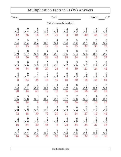 The Multiplication Facts to 81 (100 Questions) (No Zeros or Ones) (W) Math Worksheet Page 2