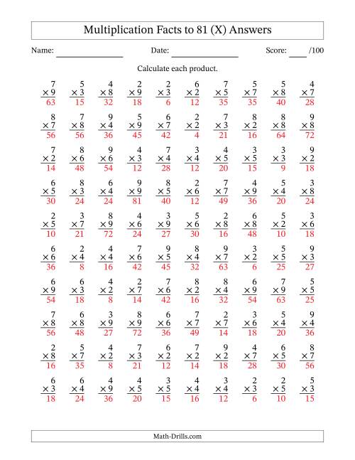 The Multiplication Facts to 81 (100 Questions) (No Zeros or Ones) (X) Math Worksheet Page 2