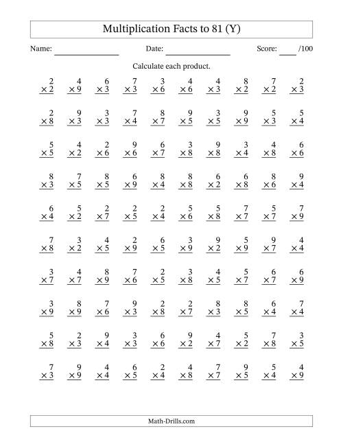 The Multiplication Facts to 81 (100 Questions) (No Zeros or Ones) (Y) Math Worksheet