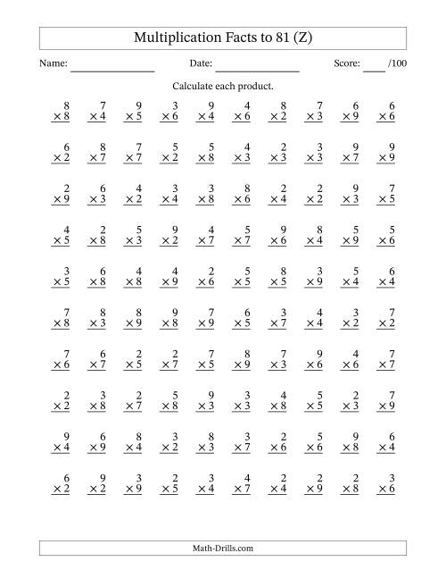 The Multiplication Facts to 81 (100 Questions) (No Zeros or Ones) (Z) Math Worksheet