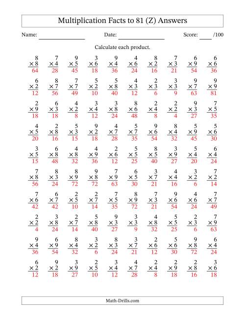 The Multiplication Facts to 81 (100 Questions) (No Zeros or Ones) (Z) Math Worksheet Page 2