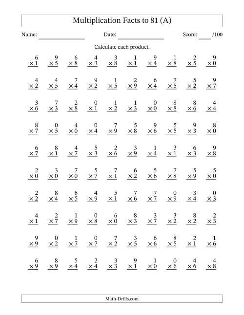 The Multiplication Facts to 81 (100 Questions) (With Zeros) (A) Math Worksheet