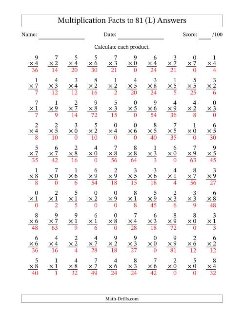 The Multiplication Facts to 81 (100 Questions) (With Zeros) (L) Math Worksheet Page 2