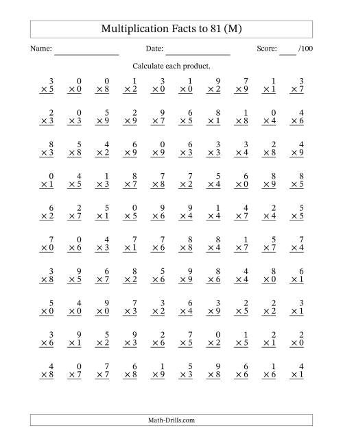 The Multiplication Facts to 81 (100 Questions) (With Zeros) (M) Math Worksheet