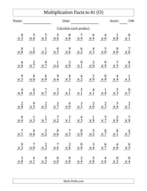 The Multiplication Facts to 81 (100 Questions) (With Zeros) (O) Math Worksheet