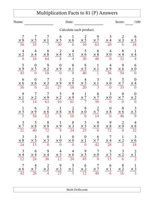 The Multiplication Facts to 81 (100 Questions) (With Zeros) (P) Math Worksheet Page 2