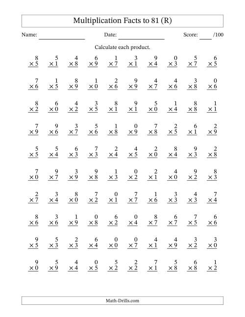 The Multiplication Facts to 81 (100 Questions) (With Zeros) (R) Math Worksheet