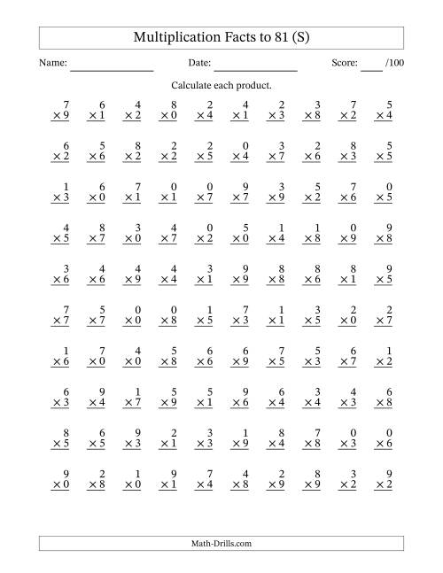 The Multiplication Facts to 81 (100 Questions) (With Zeros) (S) Math Worksheet